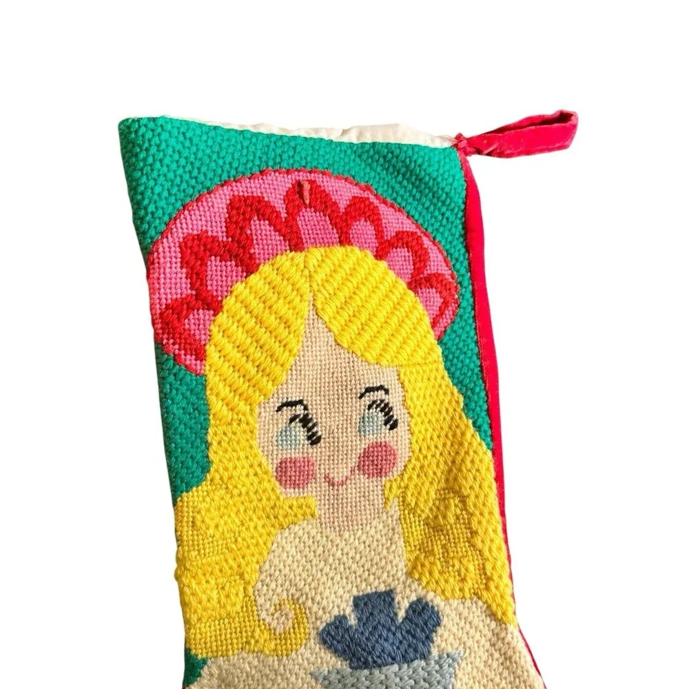 Vintage Hand-Stitched Needlepoint Christmas Tree Stocking 16” Angel